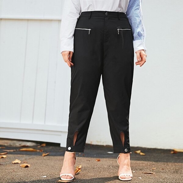 

Plus Cut Out Hem Zip Detail Pants, Black