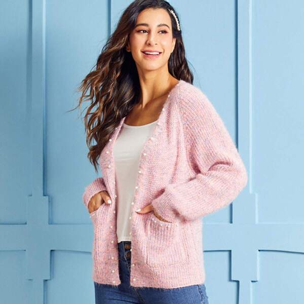 

SBetro Pearl Embellished Raglan Sleeve Cardigan, Pink pastel