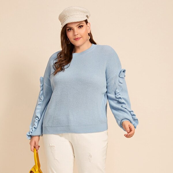 

Plus Ruffle Trim Drop Shoulder Sweater, Blue