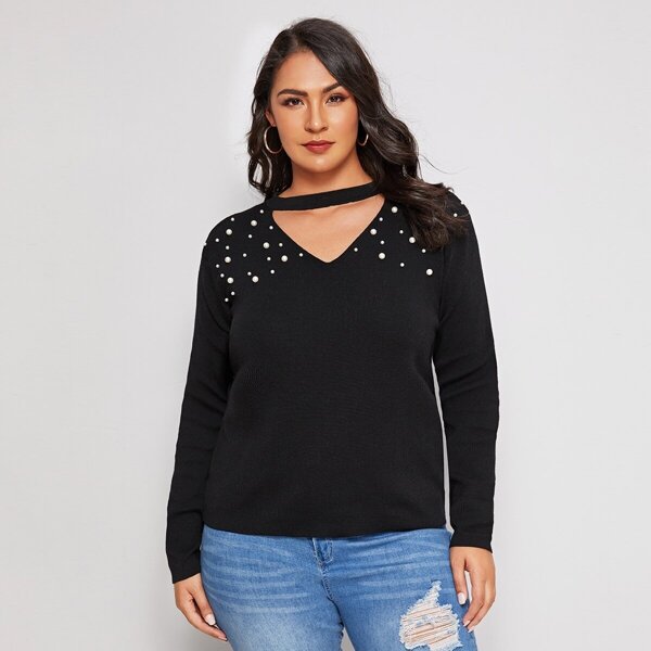 

Plus Pearls Beaded Choker Neck Sweater, Black