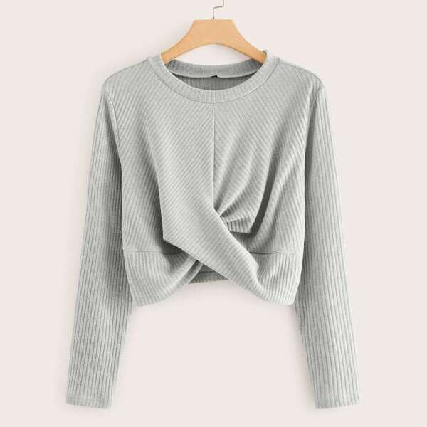 

Plus Wrap Cross Rib-knit Sweater, Grey