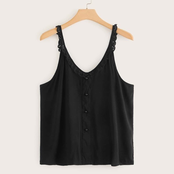 

Plus Lace Panel Button Front Cami Top, Black