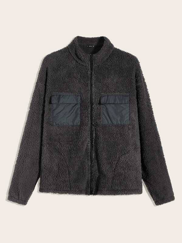 

Men Flap Pocket Patched Teddy Jacket, Grey