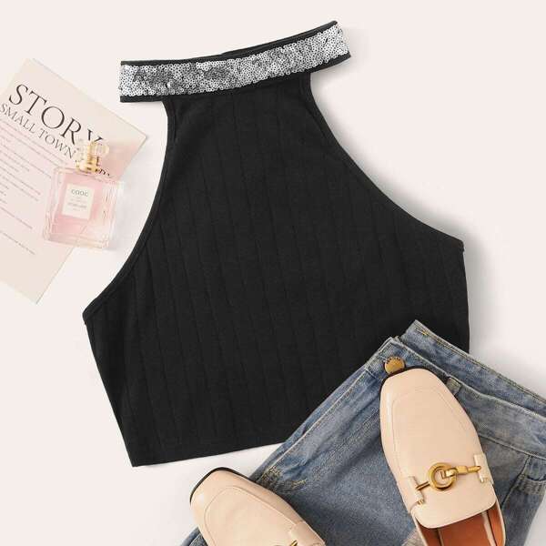 

Contrast Sequin Detail Rib-knit Halter Top, Black