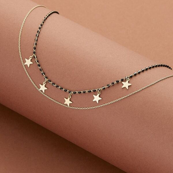 

Layered Beaded Chain Link Star Detail Necklace, Gold