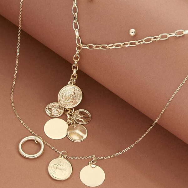 

Ball Stud Earrings And Coin Charms Necklace Set, Gold
