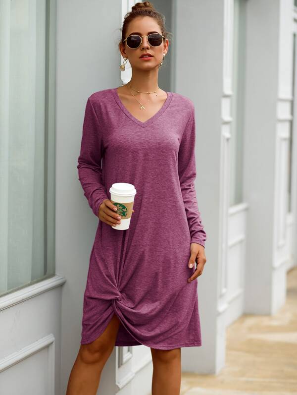 

V-neck Twist Front Space Dye Tee Dress, Purple