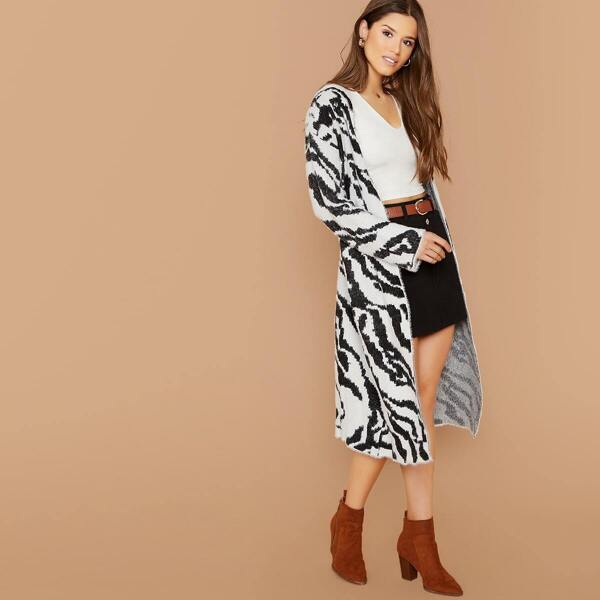 

Open Front Fuzzy Knit Zebra Print Cardigan