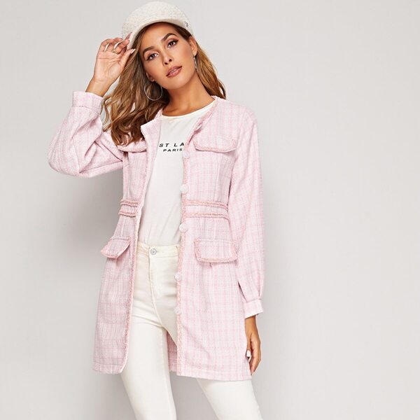 

Single Breasted Flap Pocket Plaid Tweed Coat, Pink pastel