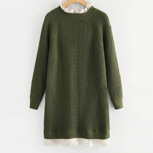 

Plus Guipure Lace Raglan Sleeve Sweater Dress, Army green