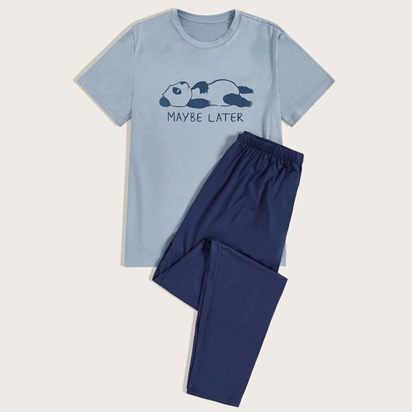 

Men Cartoon Print Tee & Pants PJ Set, Blue