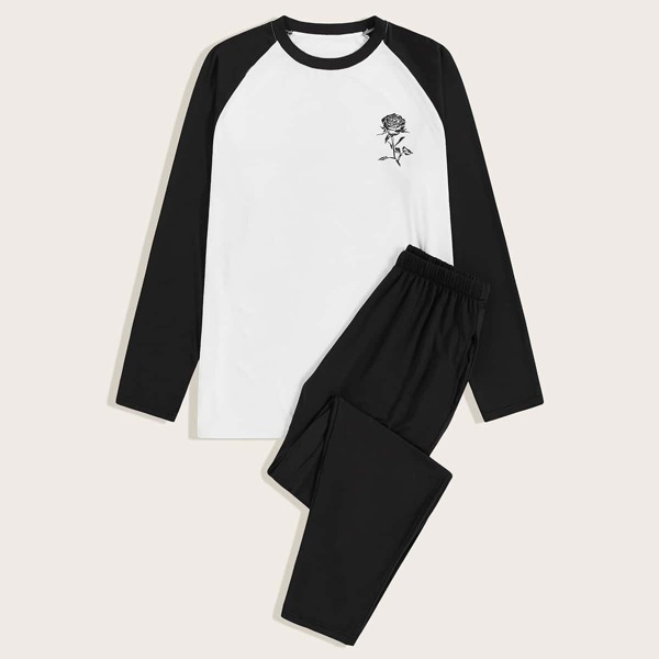 

Men Rose Print Baseball Tee & Pants PJ Set, Black and white