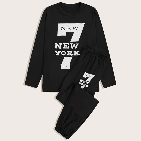 

Men Letter Print Tee & Pants PJ Set, Black