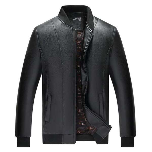 

Men Zip Up PU Bomber Jacket, Black