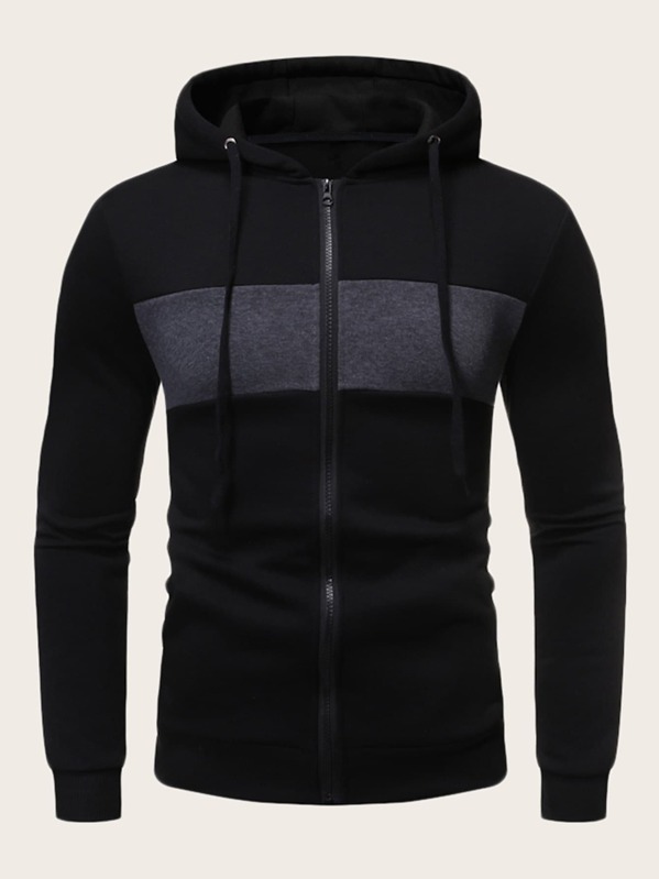 

Men Contrast Panel Drawstring Hoodie, Black
