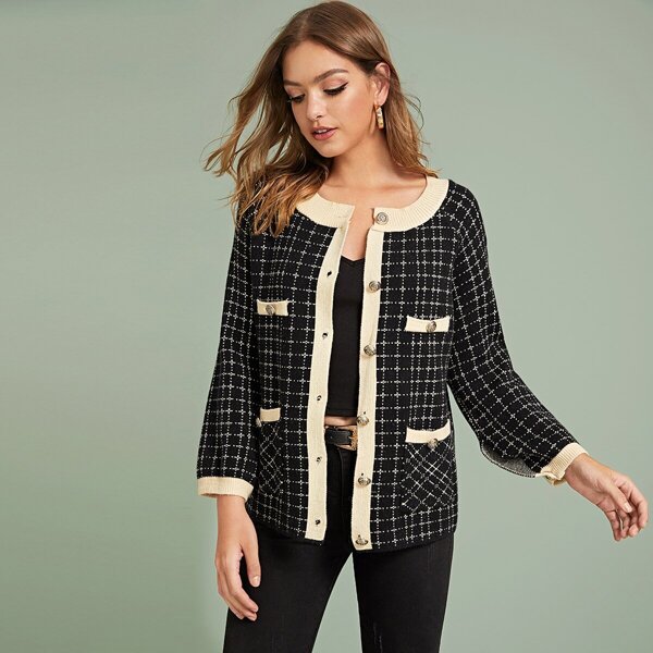 

Contrast Binding Button Through Plaid Cardigan, Black