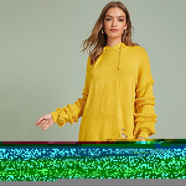 

Fringe Trim Drawstring Hooded Jumper, Yellow