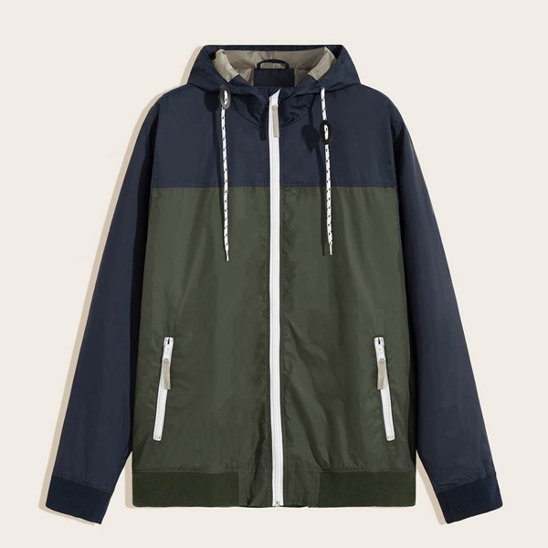 

Men Two Tone Drawstring Hooded Windbreaker Jacket, Army green