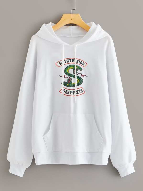 

Snake & Letter Print Kangaroo Pocket Hoodie, White