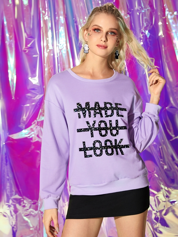 

Letter Print Drop Shoulder Sweatshirt, Purple, Nikola