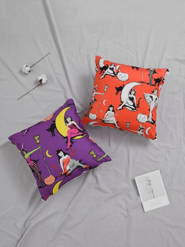 

1pc Halloween Witch Print Cushion Cover, Multicolor