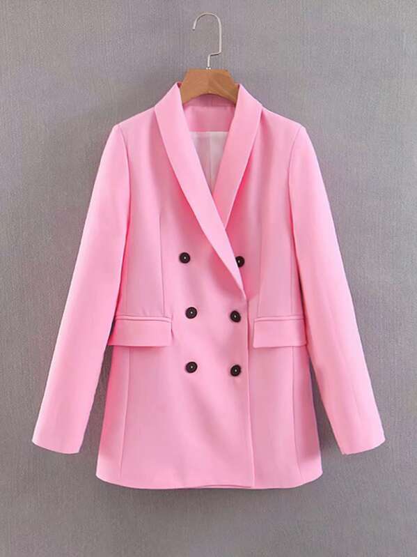 

Solid Double Breasted Shawl Collar Blazer, Pink