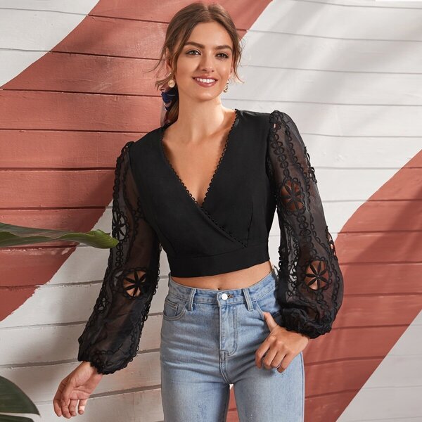 

Cut Out Sleeve Surplice Front Crop Blouse