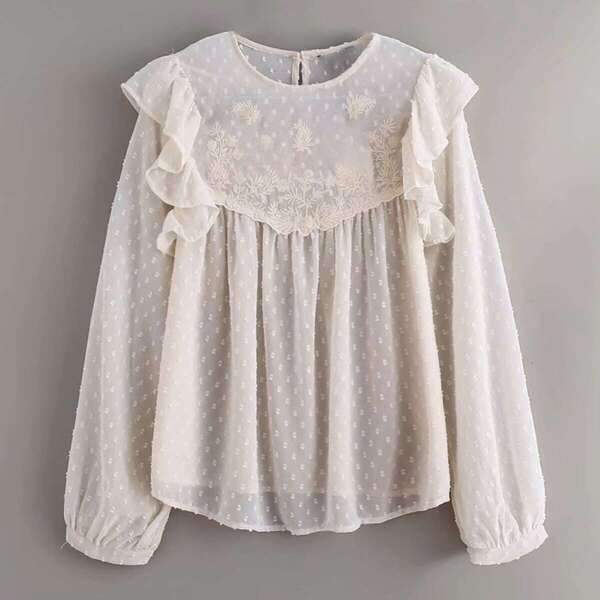 

Swiss Dot Ruffle Trim Embroidery Sheer Mesh Blouse, Beige