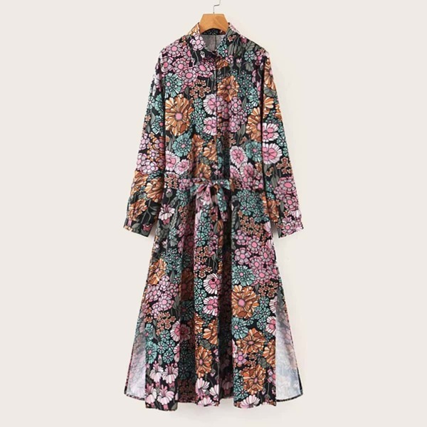 

Floral Print Belted Side Split Shirt Dress, Multicolor