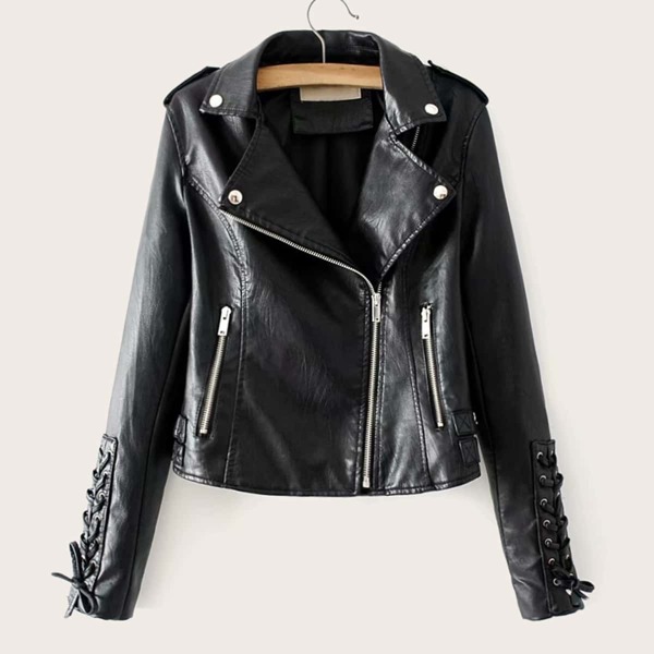 

Lace Up Sleeve Zip Up PU Biker Jacket, Black