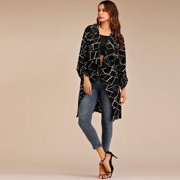 

Geometric Print Roll Up Sleeve Belted Coat, Black and white