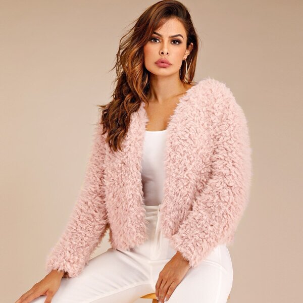 

Solid Open Front Faux Fur Coat, Pink