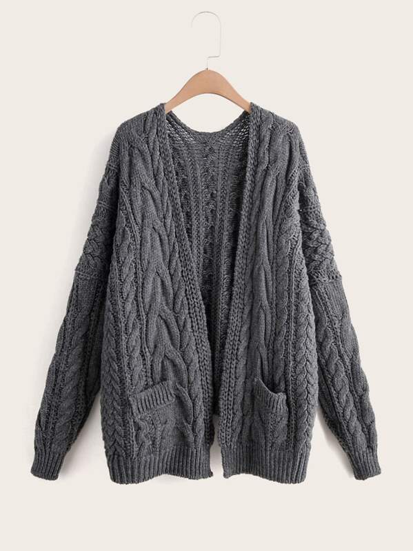 

Solid Cable Knit Dual Pocket Cardigan, Grey