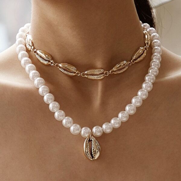 

Shell & Faux Pearl Design Necklace 2pcs