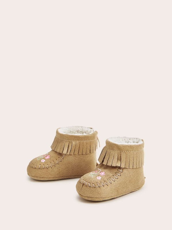 

Baby Girls Floral Embroidered Fringe Decor Boots, Brown