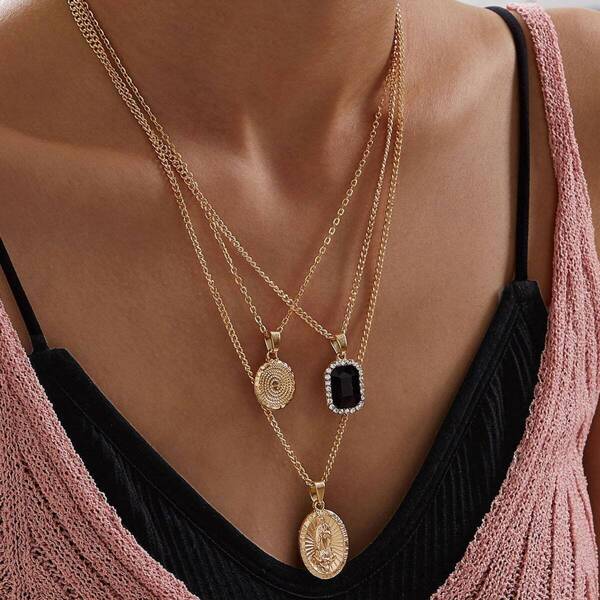

Coin & Geometric Charm Layered Necklace 1pc, Gold