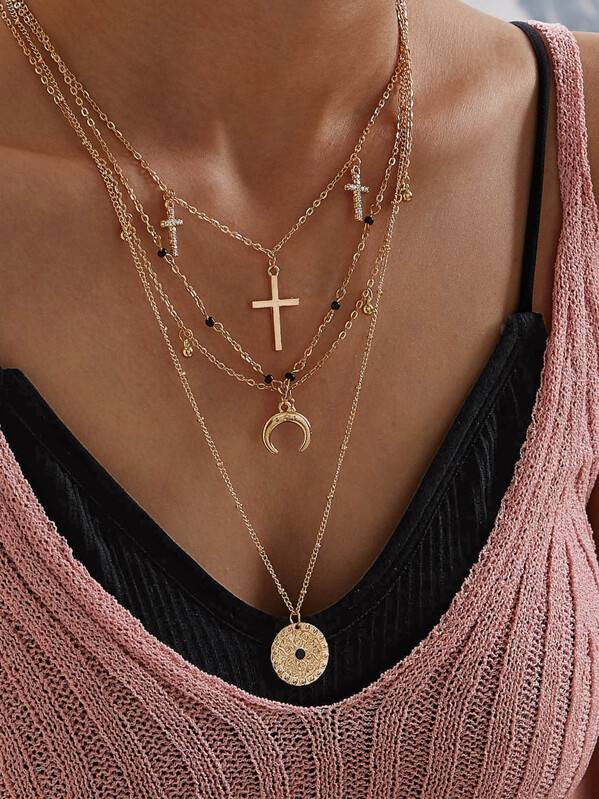 

Moon & Cross Charm Layered Necklace 1pc, Gold