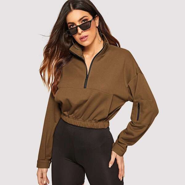 

Zip Half Placket Pocket Front Pullover, Brown