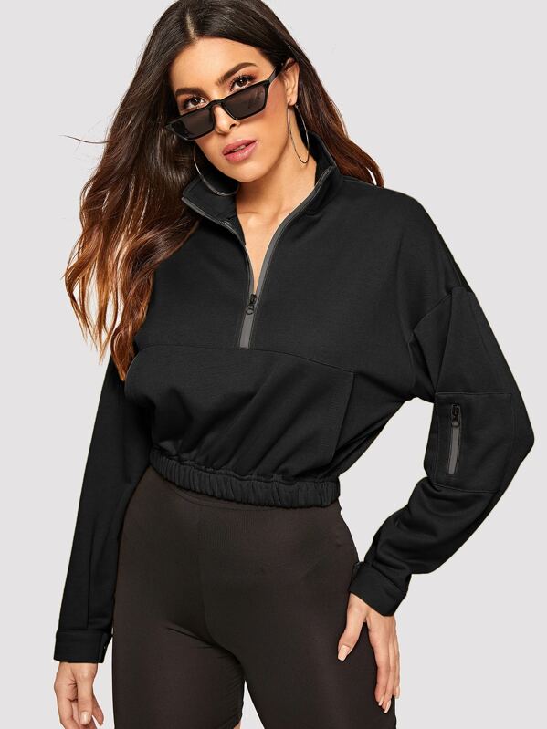 

Zip Half Placket Pocket Front Sweatshirt, Black, DANI A
