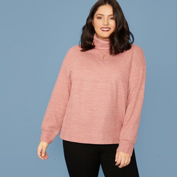 

Plus Turtle Neck Drop Shoulder Heather Knit Pullover, Pink pastel