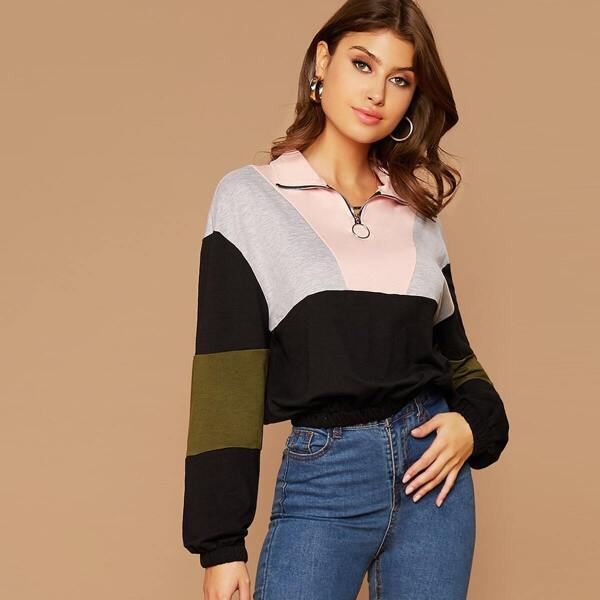 

Zip Half Placket Colorblock Sweatshirt, Multicolor