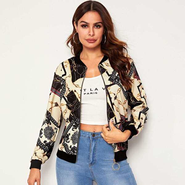 

Scarf Print O-ring Zip Up Bomber Jacket, Multicolor