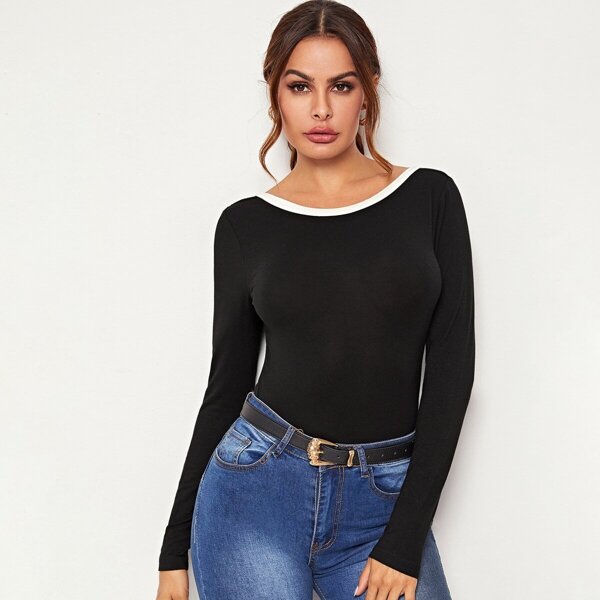 

Boat Neck Contrast Trim Tee, Black