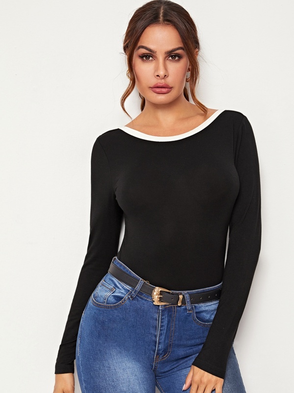 

Boat Neck Contrast Trim Tee, Black, Andy
