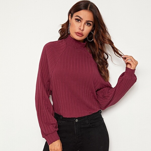 

Stand Collar Raglan Sleeve Rib-knit Top
