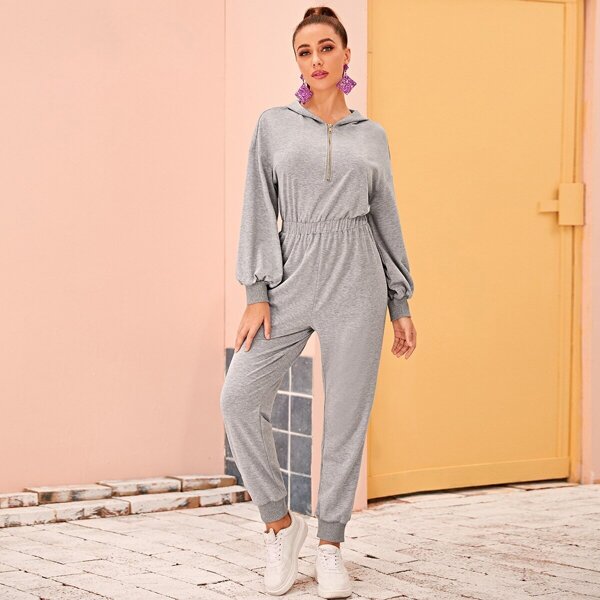 

Zip Half Placket High Waist Jumpsuit, Grey