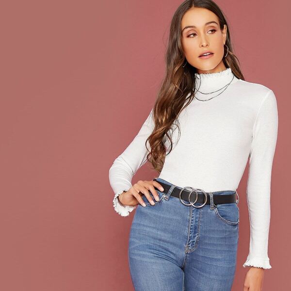

Frill Trim Shirred Neck Tee, White