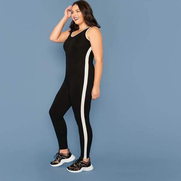 

Plus Striped Side Contrast Binding Tank Jumpsuit, Black