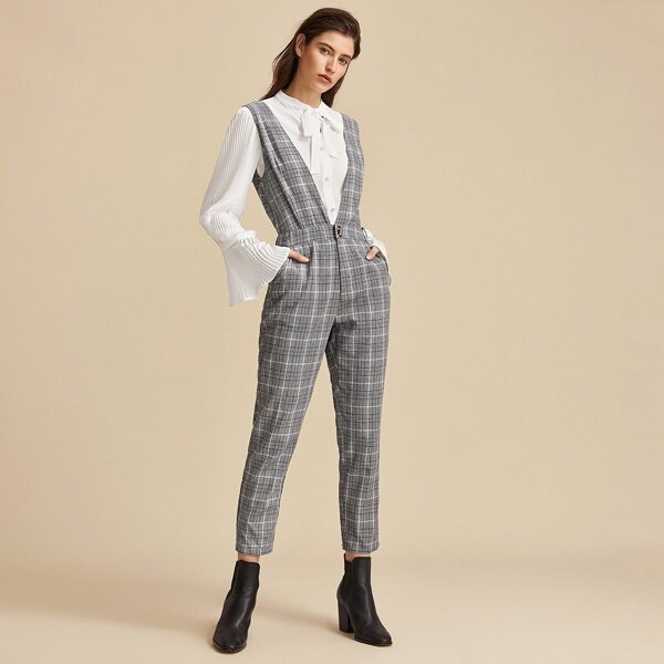 

Premium Plunging Neck Slant Pocket Plaid Pinafore Jumpsuit, Grey