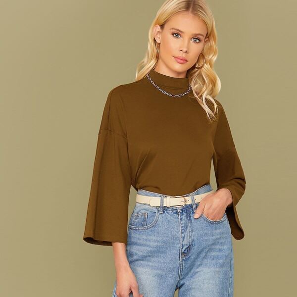 

Mock Neck Drop Shoulder Solid Tee, Brown